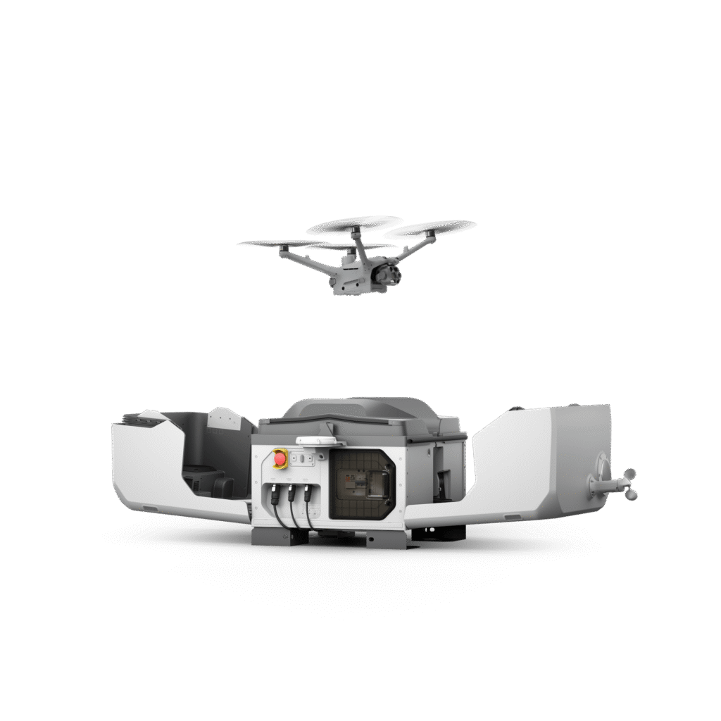 DJI Dock 3 Fixstation und Drohne DJI M4D im Landeanflug