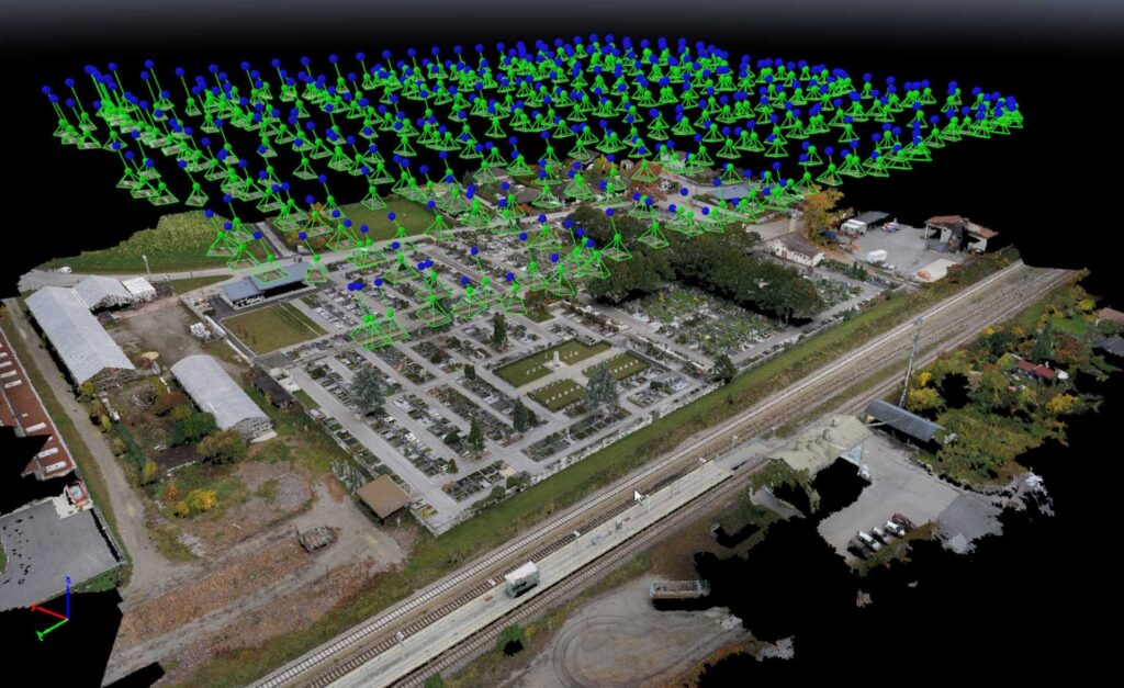 Digitales Modell, Friedhof mit Scannerpositionen