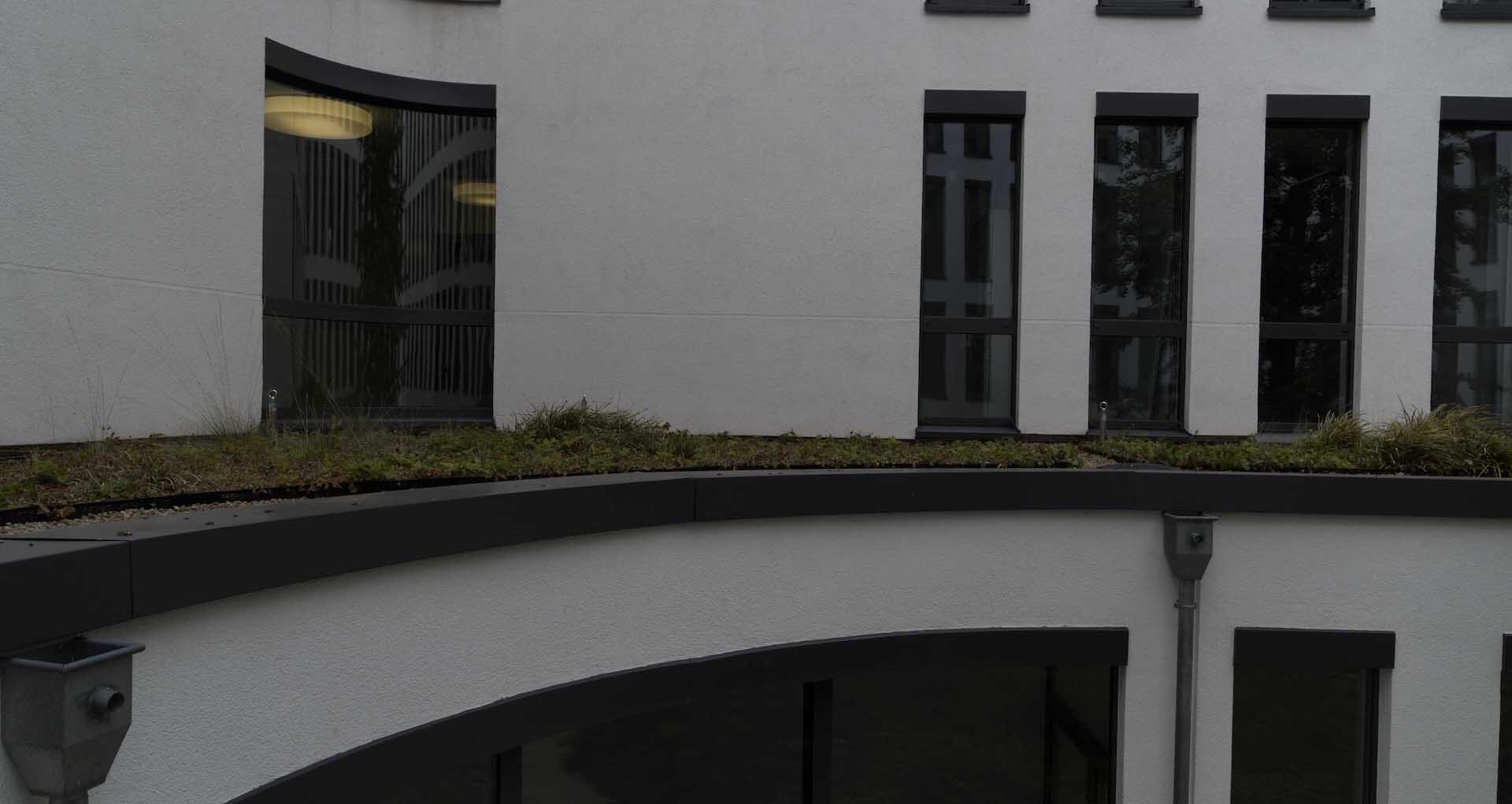 Detailansicht Fassade, begrüntes Zwischendach