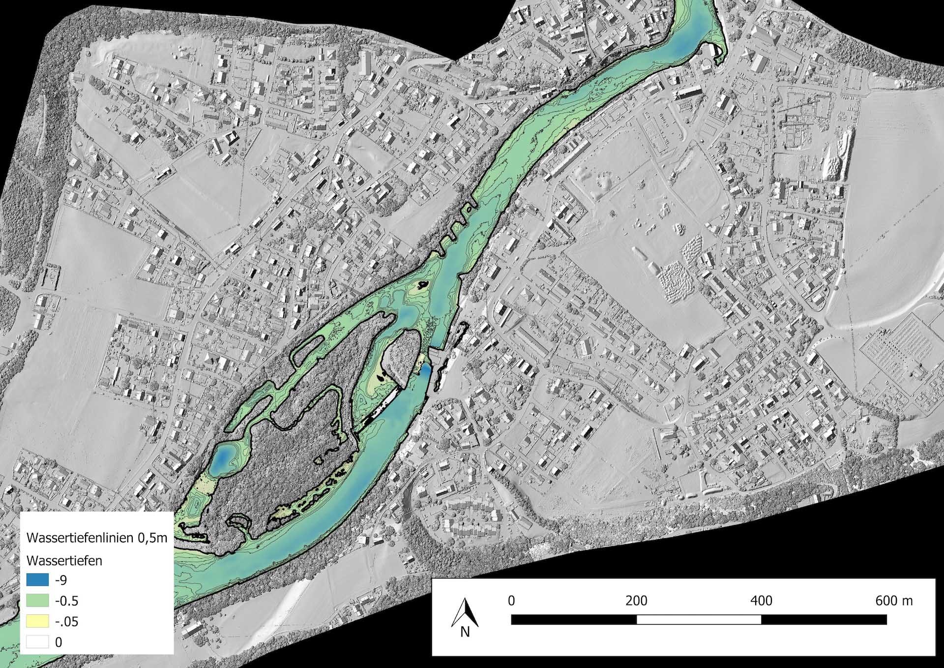 Digitales Oberflächenmodell mit Höhenlinien vom Thaya-Flussbett | uav laserbathymetrie