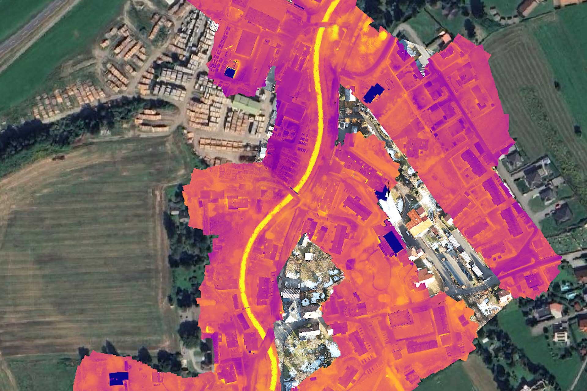 Orthofoto mit Thermalausschnit eines Stadtgebietes
