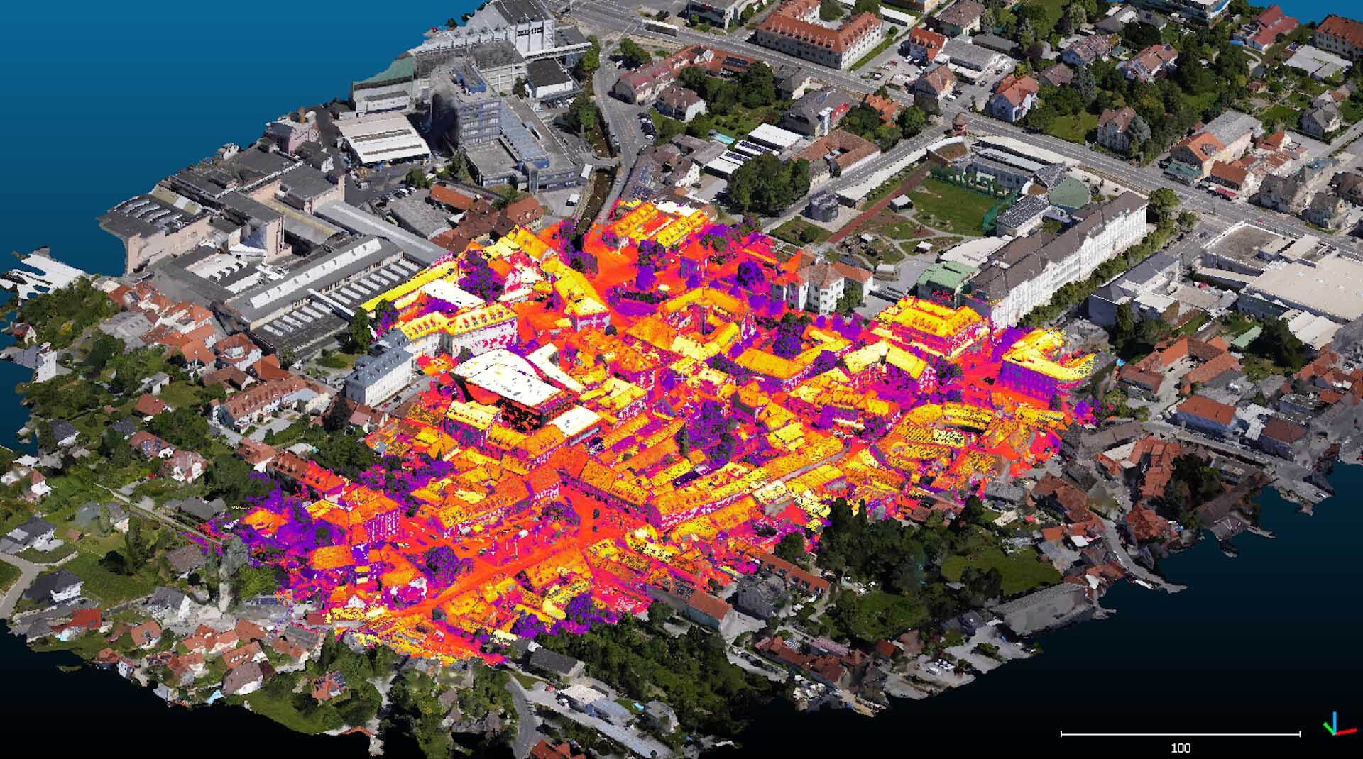 3D-Modell mit Thermalansicht auf einzelnen Stadtteil