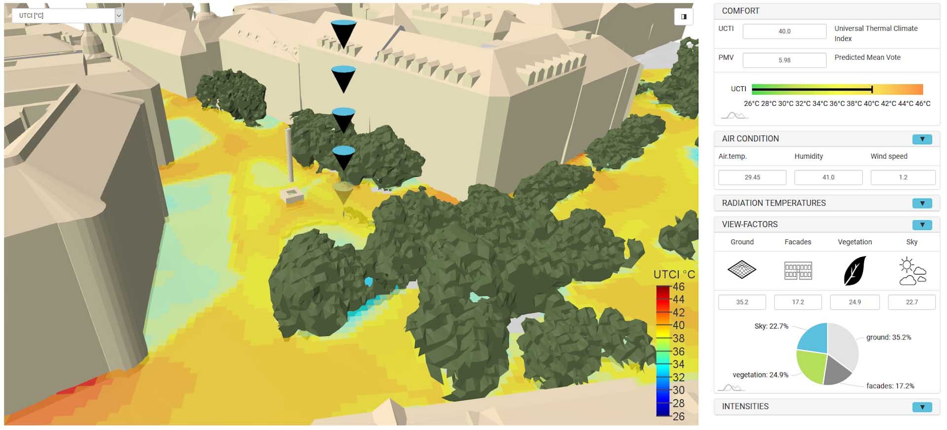 Programmausschnitt Smartcitysensing mit Themperaturanzeige eines Stadtgebietes